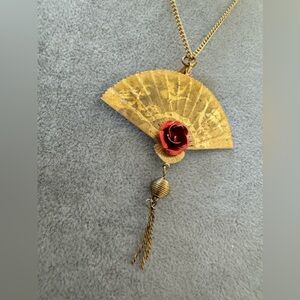 Vintage Hong Kong Crane Fan Pendant Charm Necklace Rose Enamel w gold chain